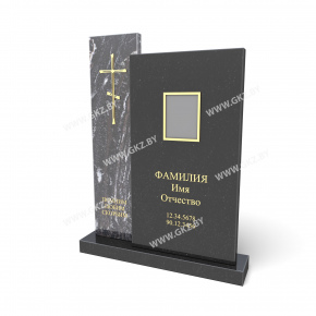 Комбинированный памятник из гранита: черная прямоугольная плита и высокая узкая вставка слева с мраморным узором и золотым крестом